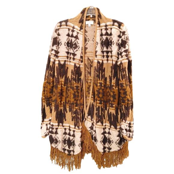 Lucky Brand Cardigan Sweater Open Front Draped Fringed Hem Aztec Brown Womens L - Picture 1 of 4